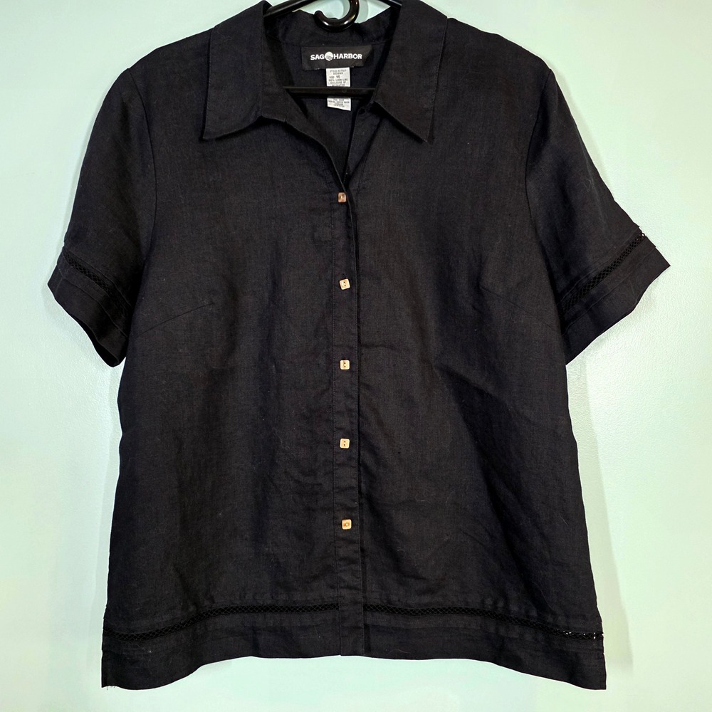 Sag Harbor Womens 100% Linen Black Button Front Short Sleeve Blouse Size 16